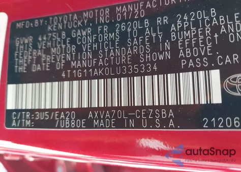 2020 Toyota Camry Se from USA, damaged, VIN 4T1G11AK0LU335334